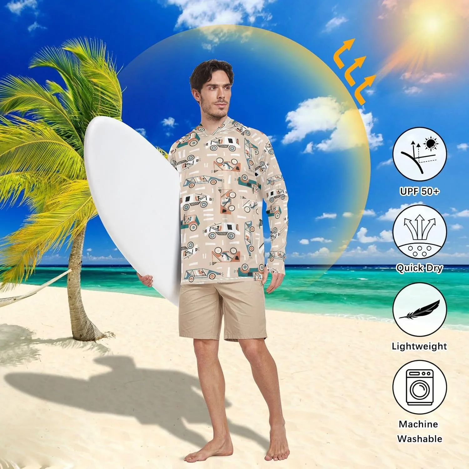 Mens Hoodie Sun Protection Long Sleeve Car Doodle Sun Shirt with Hood UPF 50  Beach Hoodies Rash Guard for Men