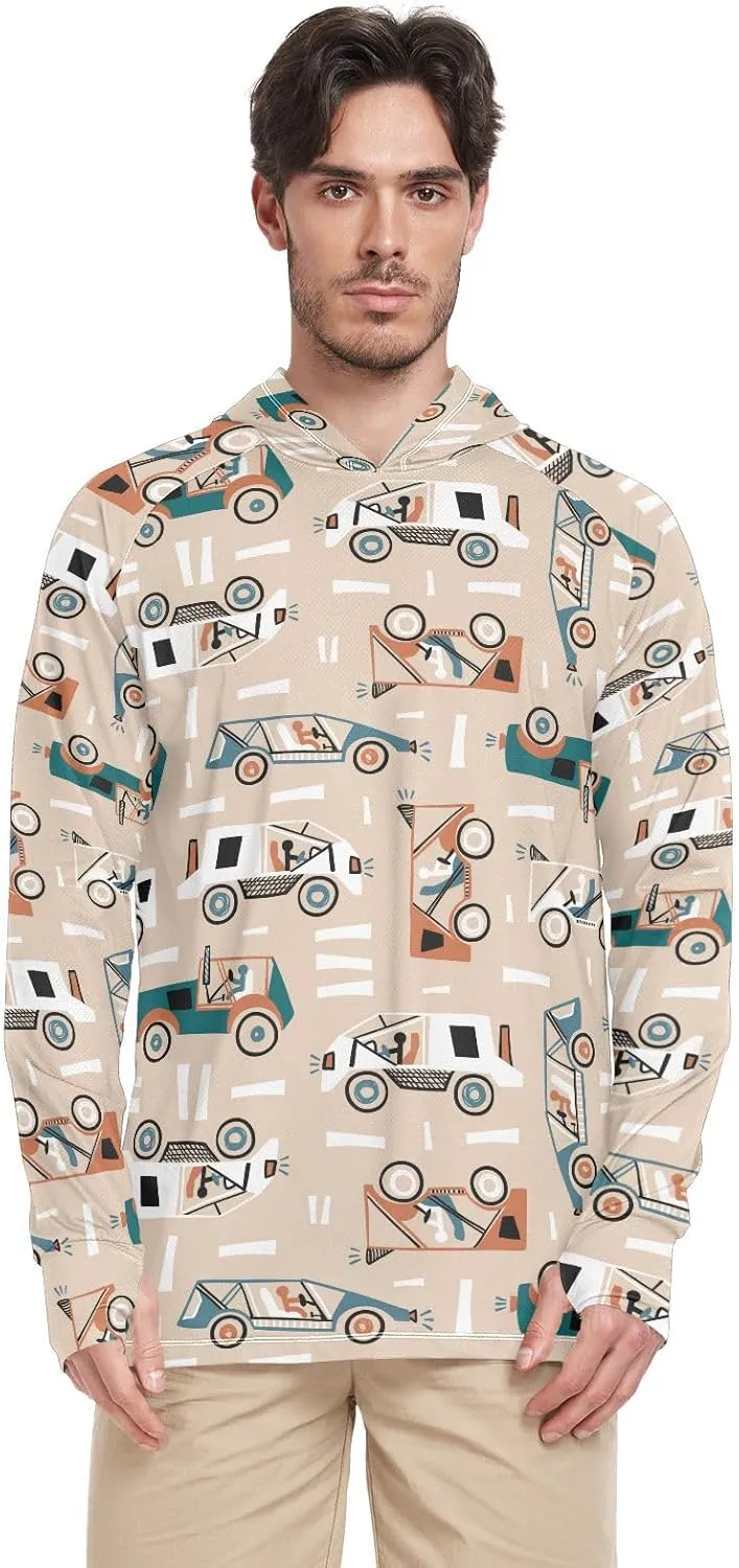 Mens Hoodie Sun Protection Long Sleeve Car Doodle Sun Shirt with Hood UPF 50  Beach Hoodies Rash Guard for Men