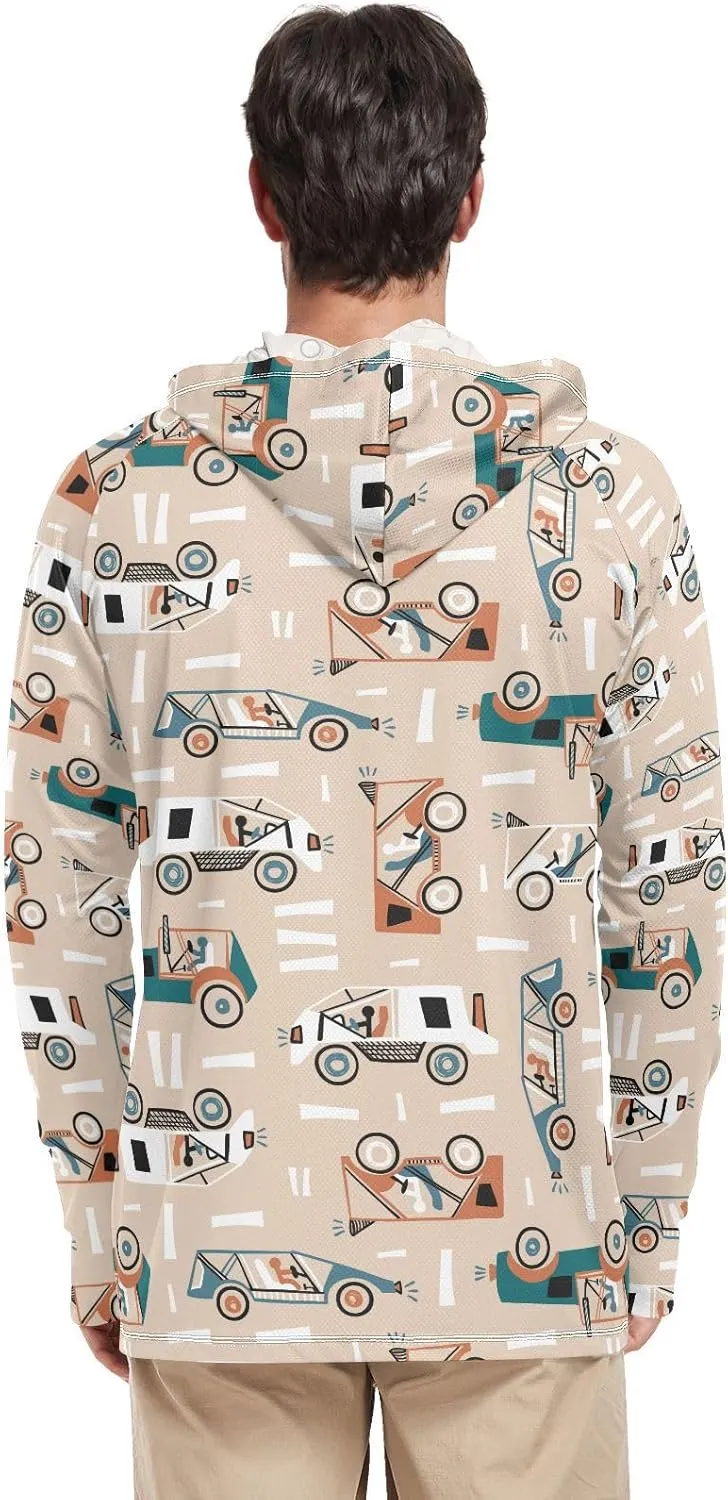 Mens Hoodie Sun Protection Long Sleeve Car Doodle Sun Shirt with Hood UPF 50  Beach Hoodies Rash Guard for Men