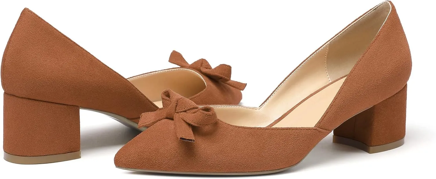 Mettesally Women’s Block Heel Pumps with Bow Knot Pointed Toe D’Orsay Chunky Heel Dress Party Shoes
