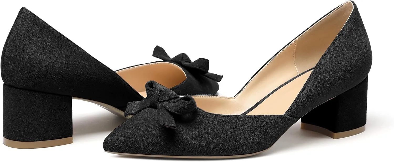 Mettesally Women’s Block Heel Pumps with Bow Knot Pointed Toe D’Orsay Chunky Heel Dress Party Shoes