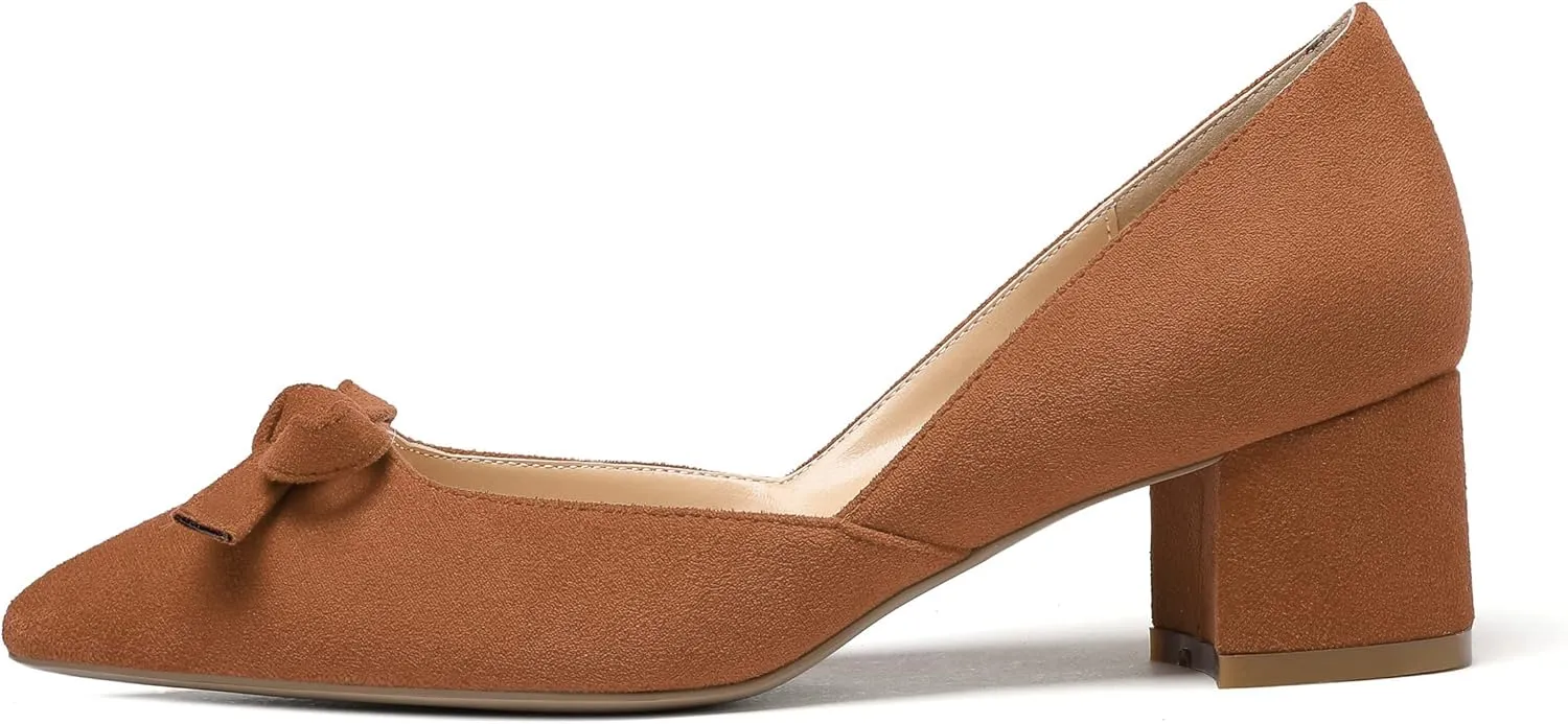 Mettesally Women’s Block Heel Pumps with Bow Knot Pointed Toe D’Orsay Chunky Heel Dress Party Shoes