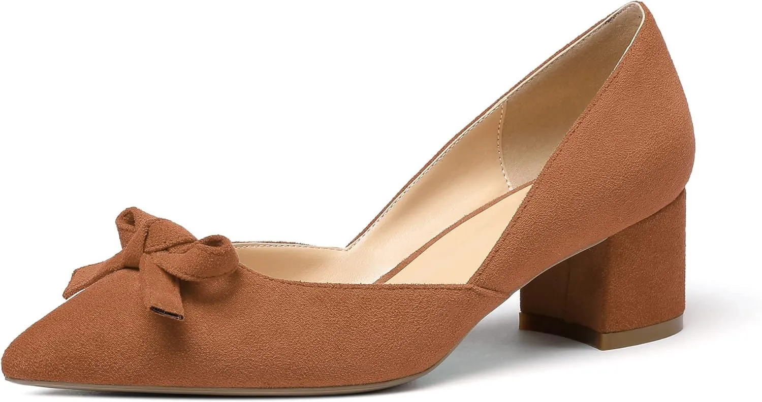 Mettesally Women’s Block Heel Pumps with Bow Knot Pointed Toe D’Orsay Chunky Heel Dress Party Shoes