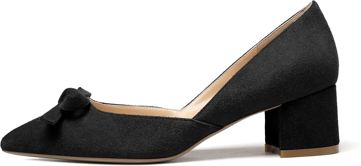 Mettesally Women’s Block Heel Pumps with Bow Knot Pointed Toe D’Orsay Chunky Heel Dress Party Shoes