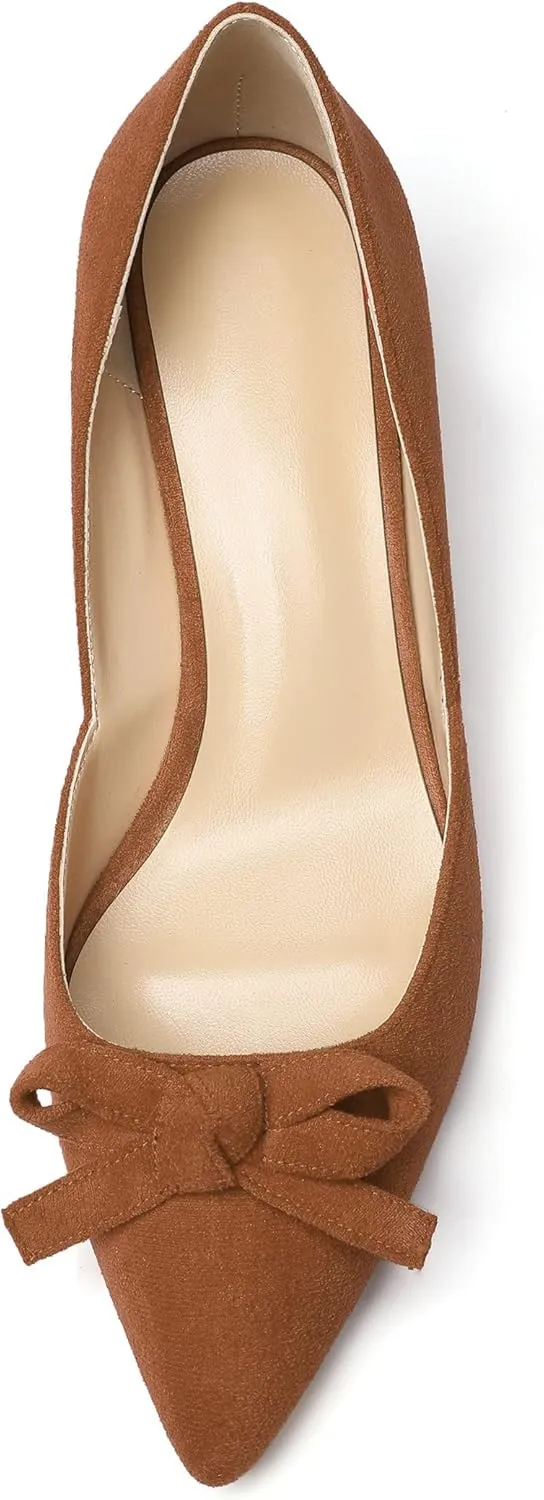Mettesally Women’s Block Heel Pumps with Bow Knot Pointed Toe D’Orsay Chunky Heel Dress Party Shoes