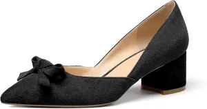 Mettesally Women’s Block Heel Pumps with Bow Knot Pointed Toe D’Orsay Chunky Heel Dress Party Shoes