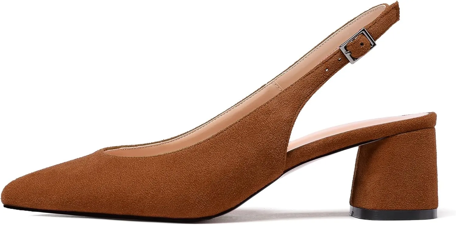 Mettesally Women's Block Slingback Heels Pumps Ankle Strap Round Closed Toe Chunky Heels Wedding Office Dress Shoes
