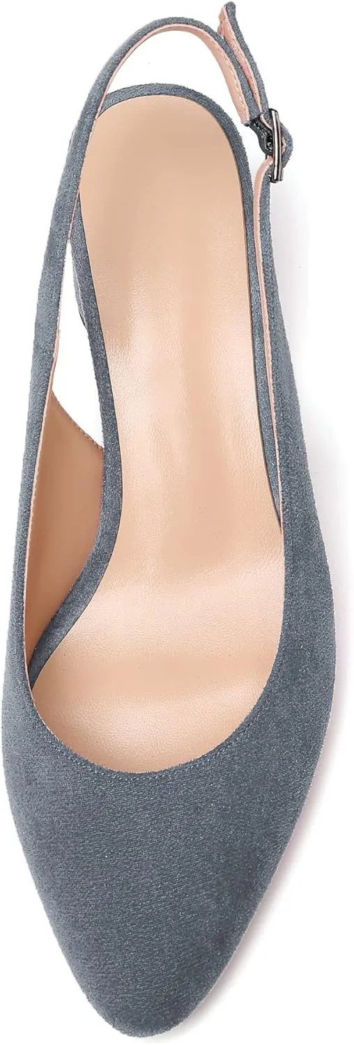 Mettesally Women's Block Slingback Heels Pumps Ankle Strap Round Closed Toe Chunky Heels Wedding Office Dress Shoes