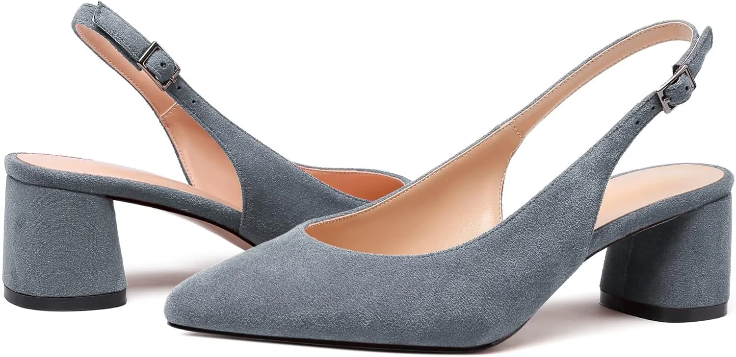 Mettesally Women's Block Slingback Heels Pumps Ankle Strap Round Closed Toe Chunky Heels Wedding Office Dress Shoes