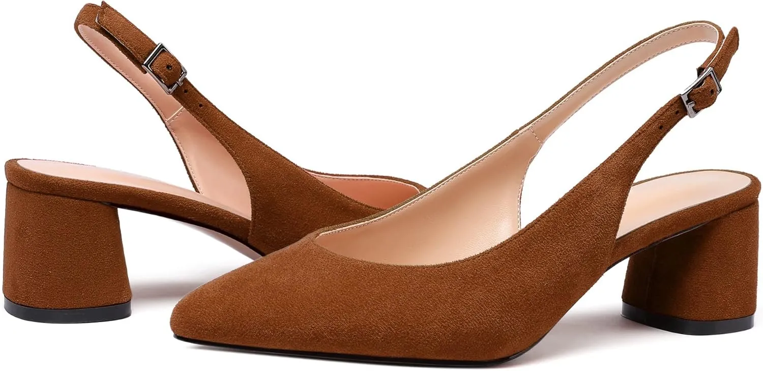 Mettesally Women's Block Slingback Heels Pumps Ankle Strap Round Closed Toe Chunky Heels Wedding Office Dress Shoes