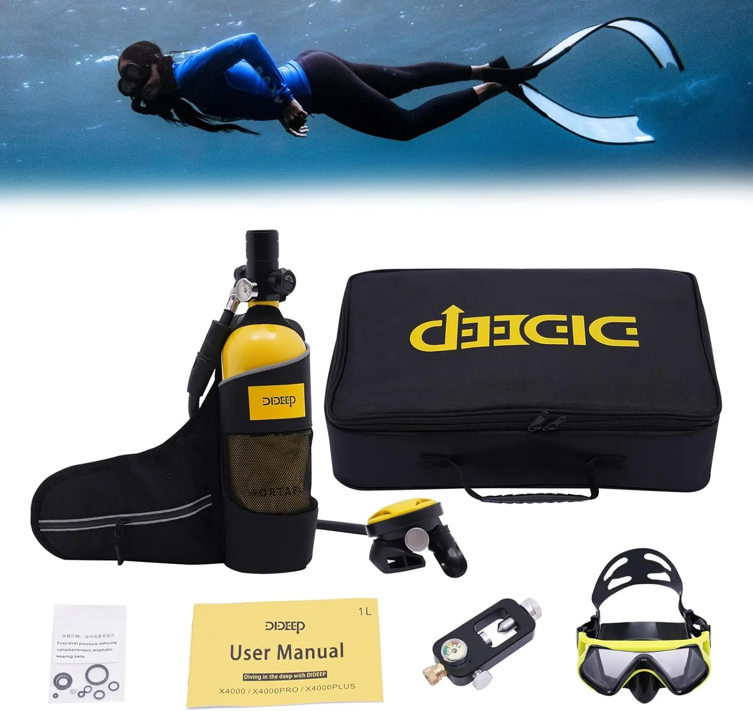 Mini Scuba Tank, 1L/0.9Qt Scuba Diving Tank 15-20 Minute Underwater Breath Device Portable Diving Oxygen Tank Kit Portable Diving Tank Kit for Emergency Rescue Underwater Exploration