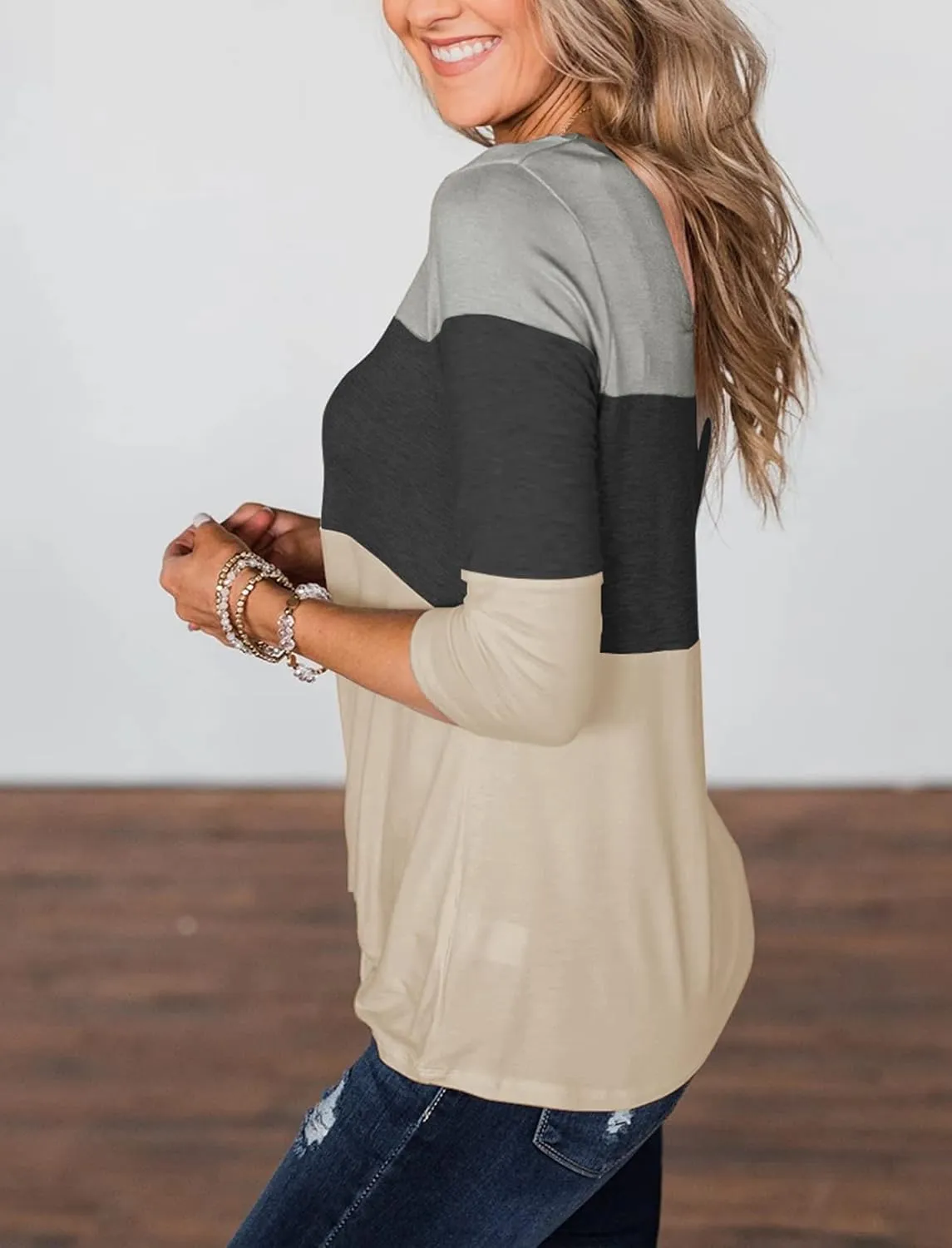 Minthunter Women's Half Sleeve T Shirts Casual Color Block Round Neck Spring Tops