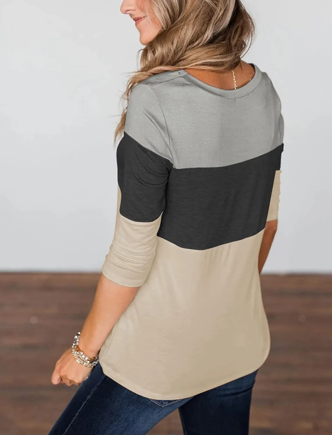 Minthunter Women's Half Sleeve T Shirts Casual Color Block Round Neck Spring Tops