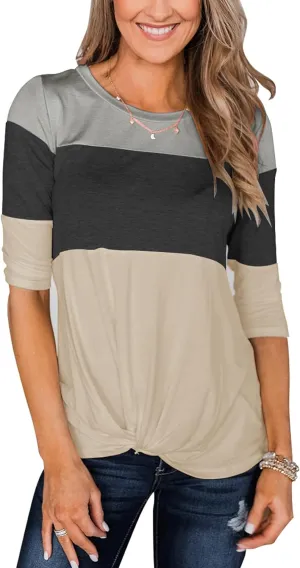 Minthunter Women's Half Sleeve T Shirts Casual Color Block Round Neck Spring Tops