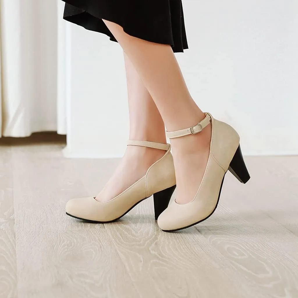 MIOKE Women's Fashion Square Toe Mid Heel Pumps Suede Pearl Buckle Strap Classic Mary Jane Dress Shoes