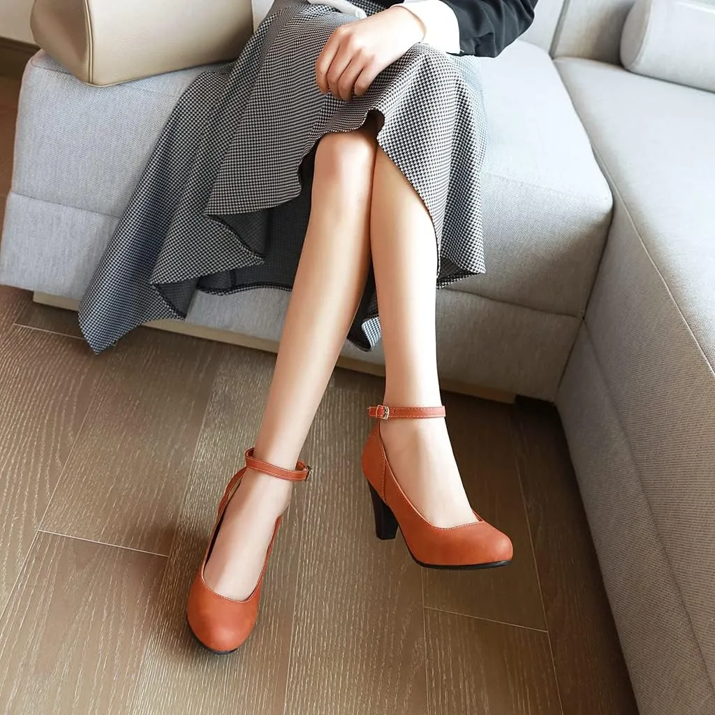 MIOKE Women's Fashion Square Toe Mid Heel Pumps Suede Pearl Buckle Strap Classic Mary Jane Dress Shoes