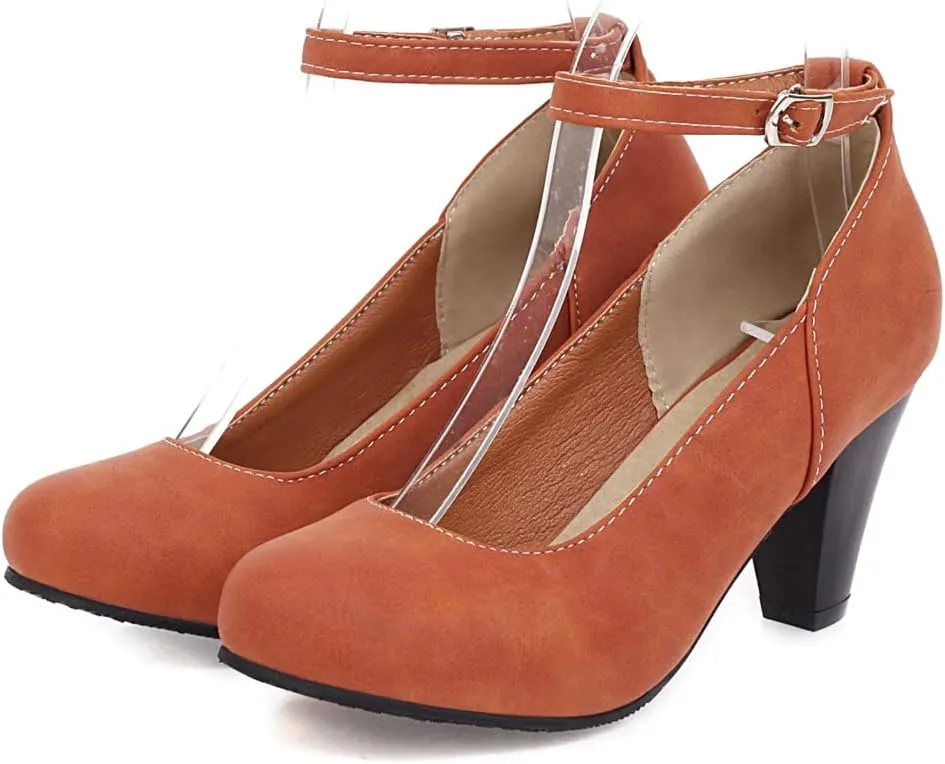MIOKE Women's Fashion Square Toe Mid Heel Pumps Suede Pearl Buckle Strap Classic Mary Jane Dress Shoes