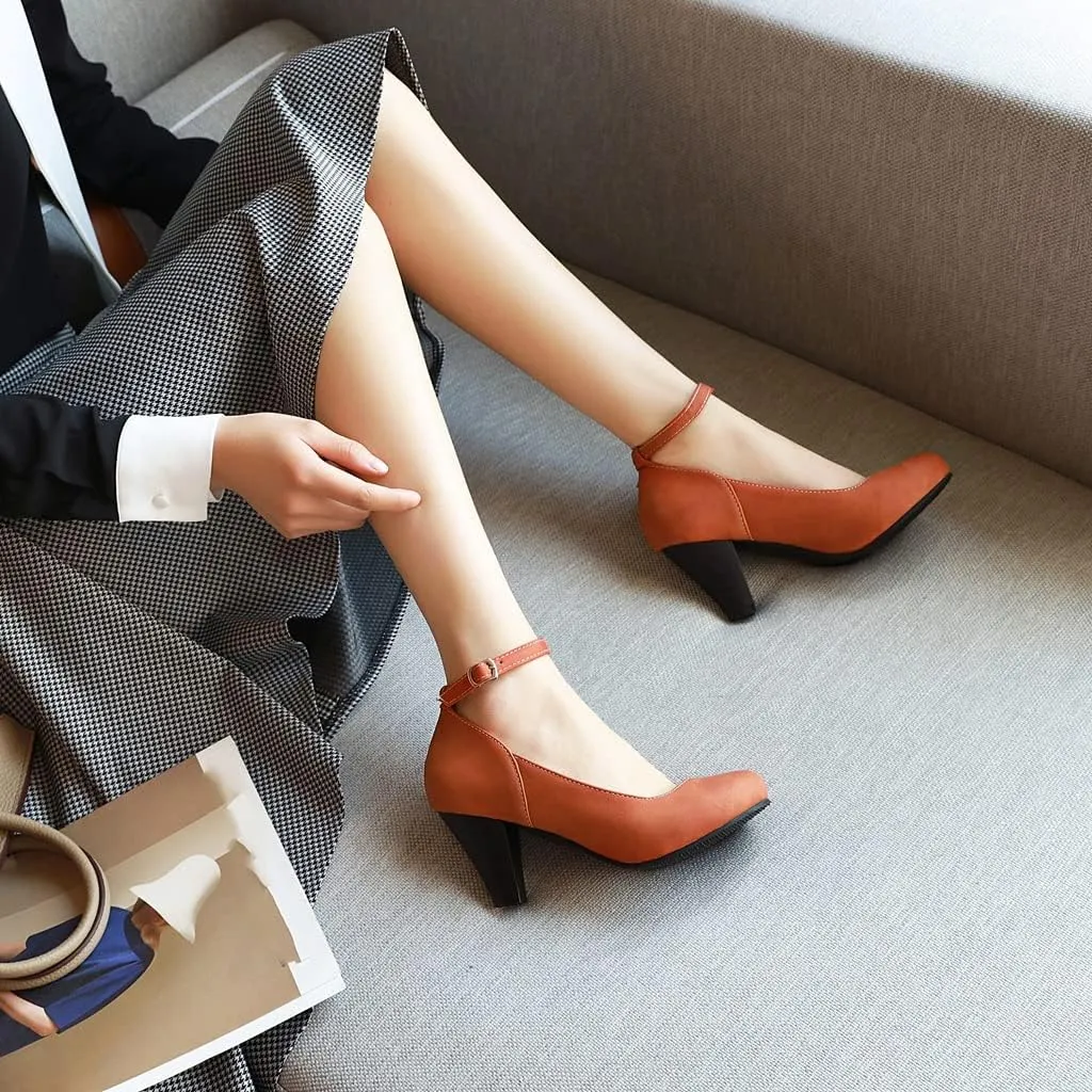 MIOKE Women's Fashion Square Toe Mid Heel Pumps Suede Pearl Buckle Strap Classic Mary Jane Dress Shoes