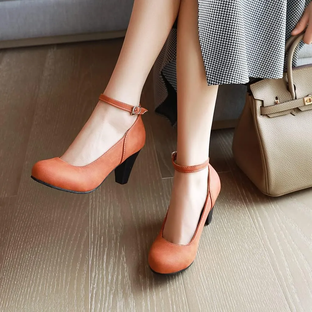 MIOKE Women's Fashion Square Toe Mid Heel Pumps Suede Pearl Buckle Strap Classic Mary Jane Dress Shoes