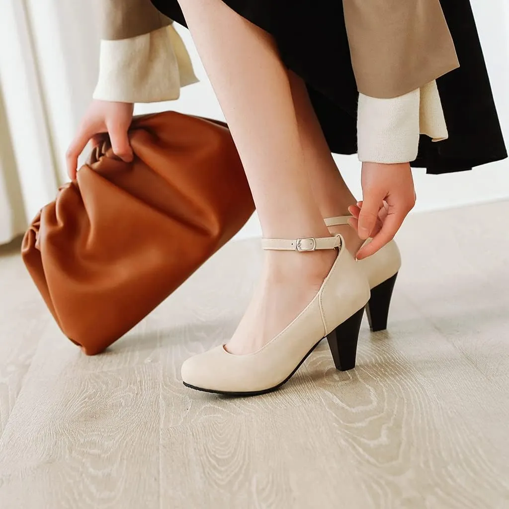 MIOKE Women's Fashion Square Toe Mid Heel Pumps Suede Pearl Buckle Strap Classic Mary Jane Dress Shoes