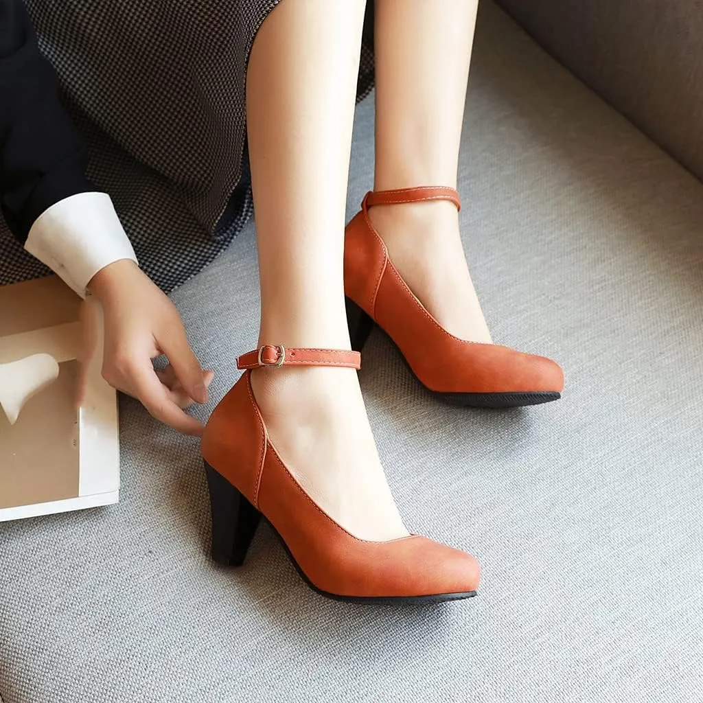 MIOKE Women's Fashion Square Toe Mid Heel Pumps Suede Pearl Buckle Strap Classic Mary Jane Dress Shoes