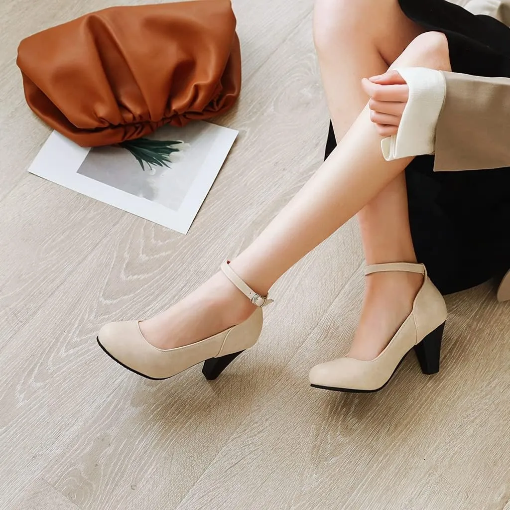 MIOKE Women's Fashion Square Toe Mid Heel Pumps Suede Pearl Buckle Strap Classic Mary Jane Dress Shoes