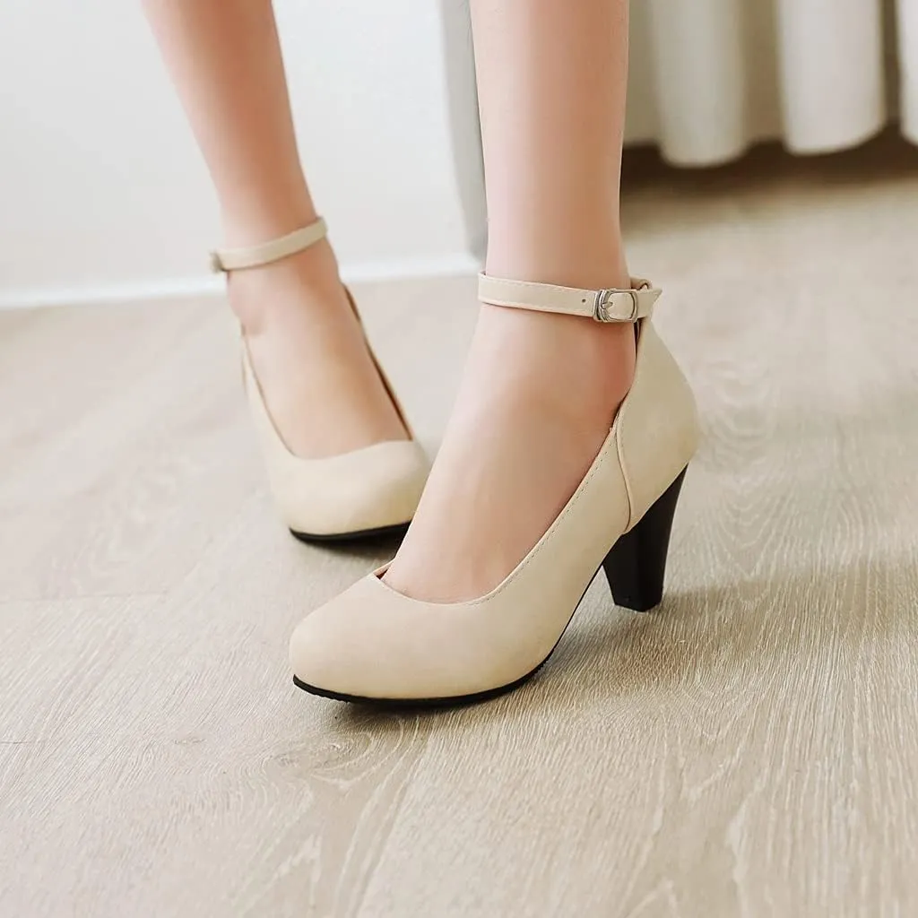 MIOKE Women's Fashion Square Toe Mid Heel Pumps Suede Pearl Buckle Strap Classic Mary Jane Dress Shoes
