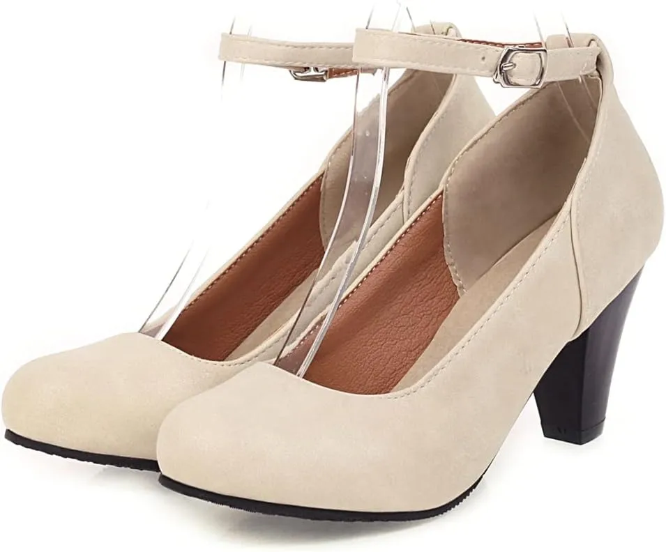 MIOKE Women's Fashion Square Toe Mid Heel Pumps Suede Pearl Buckle Strap Classic Mary Jane Dress Shoes