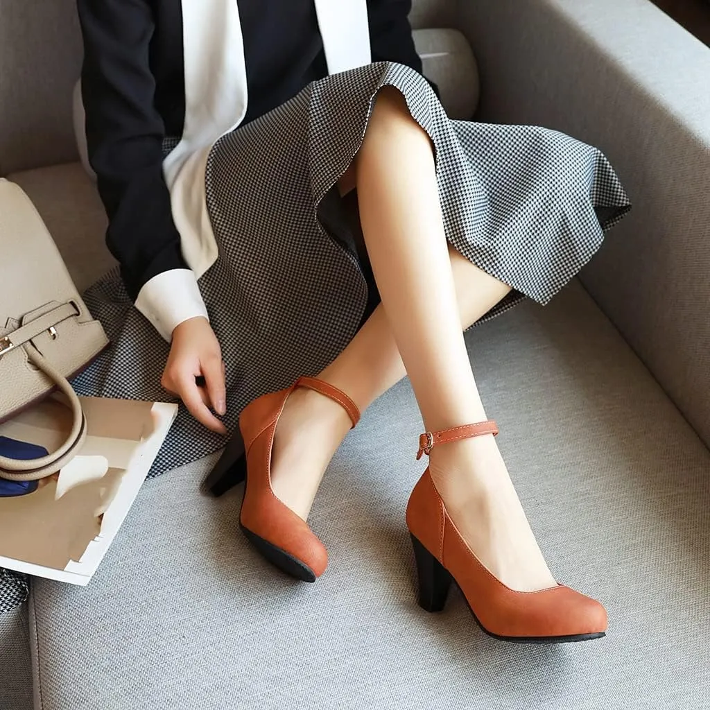 MIOKE Women's Fashion Square Toe Mid Heel Pumps Suede Pearl Buckle Strap Classic Mary Jane Dress Shoes