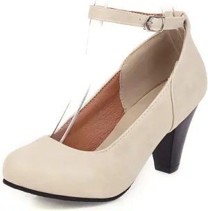 MIOKE Women's Fashion Square Toe Mid Heel Pumps Suede Pearl Buckle Strap Classic Mary Jane Dress Shoes