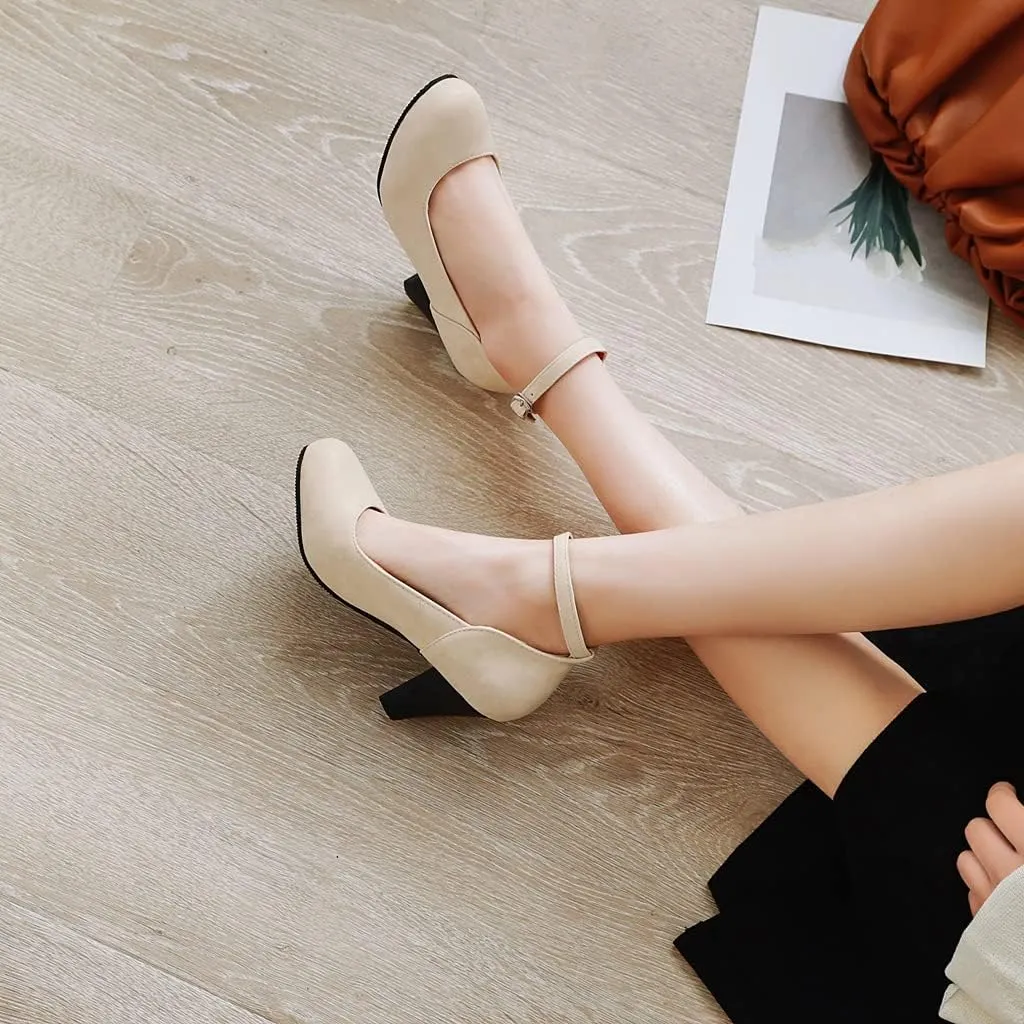 MIOKE Women's Fashion Square Toe Mid Heel Pumps Suede Pearl Buckle Strap Classic Mary Jane Dress Shoes