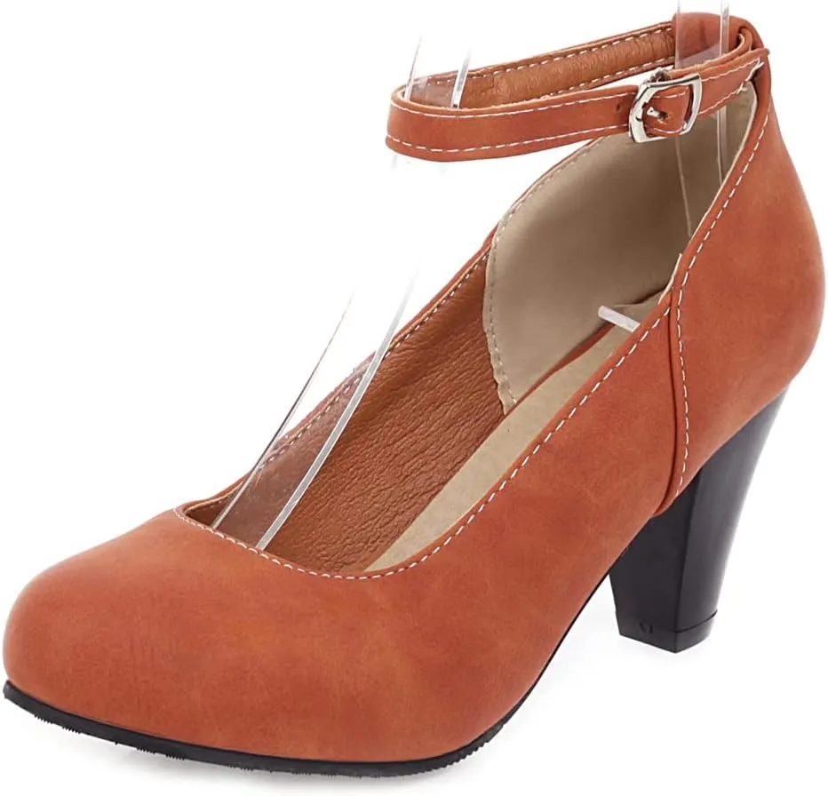 MIOKE Women's Fashion Square Toe Mid Heel Pumps Suede Pearl Buckle Strap Classic Mary Jane Dress Shoes
