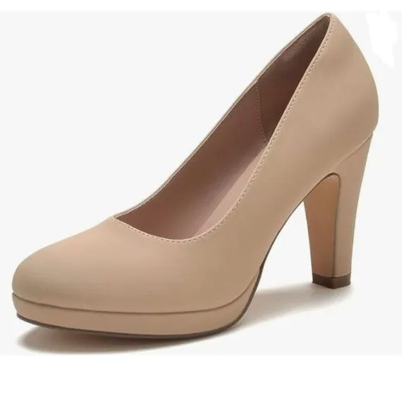 Miss Left Nude Low Platform High Chunky Heel Slip On Round Toe Pump Dress Shoes