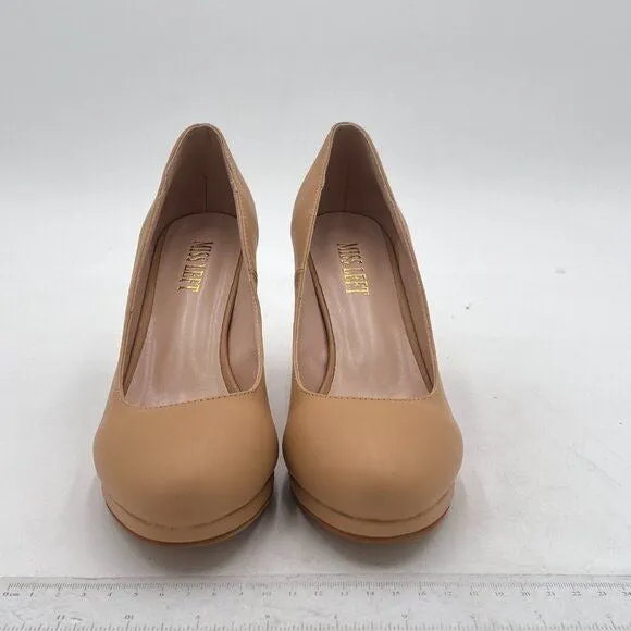 Miss Left Nude Low Platform High Chunky Heel Slip On Round Toe Pump Dress Shoes