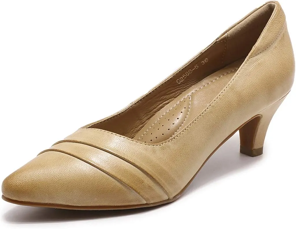 Mona flying Women's Leather Pump Med Heel Pointed Toe Office Dress Shoes for Ladies