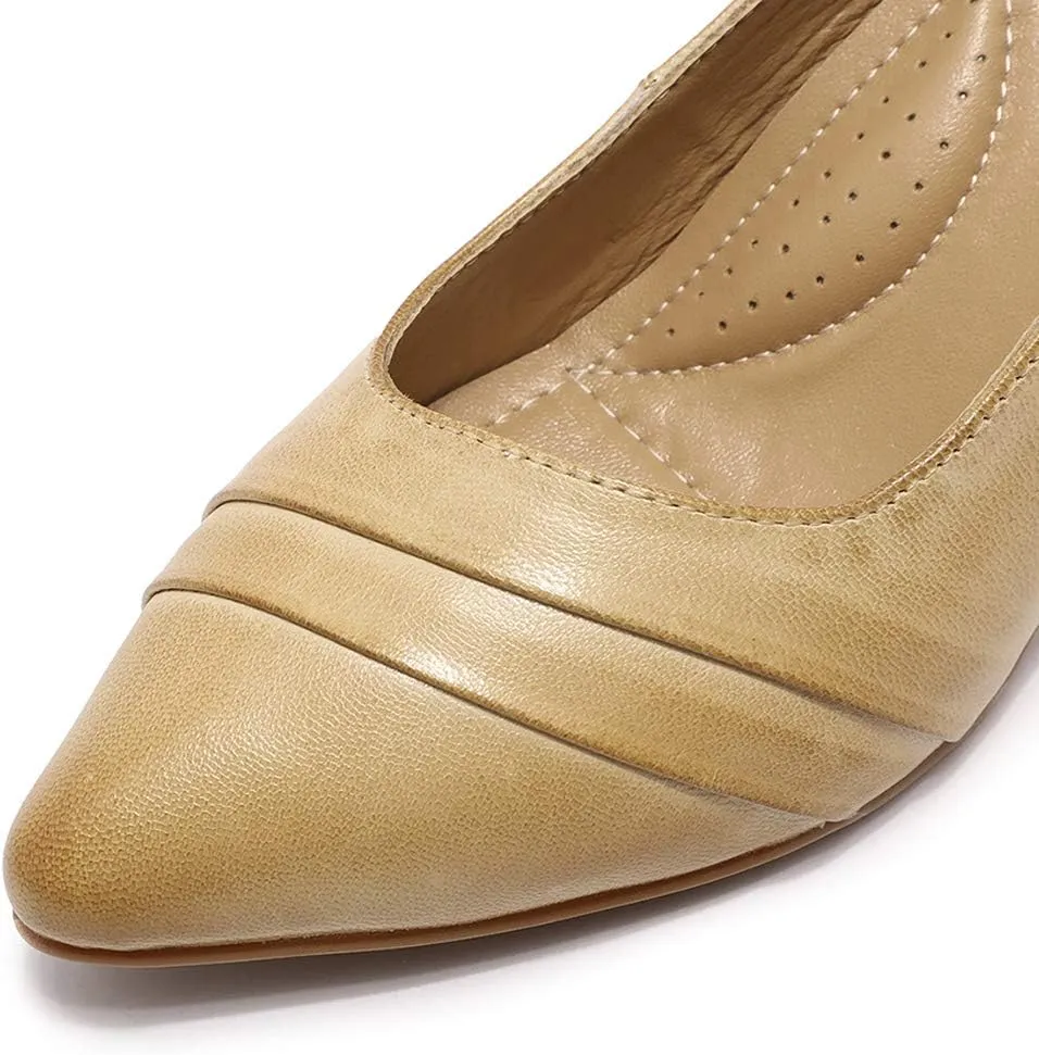 Mona flying Women's Leather Pump Med Heel Pointed Toe Office Dress Shoes for Ladies
