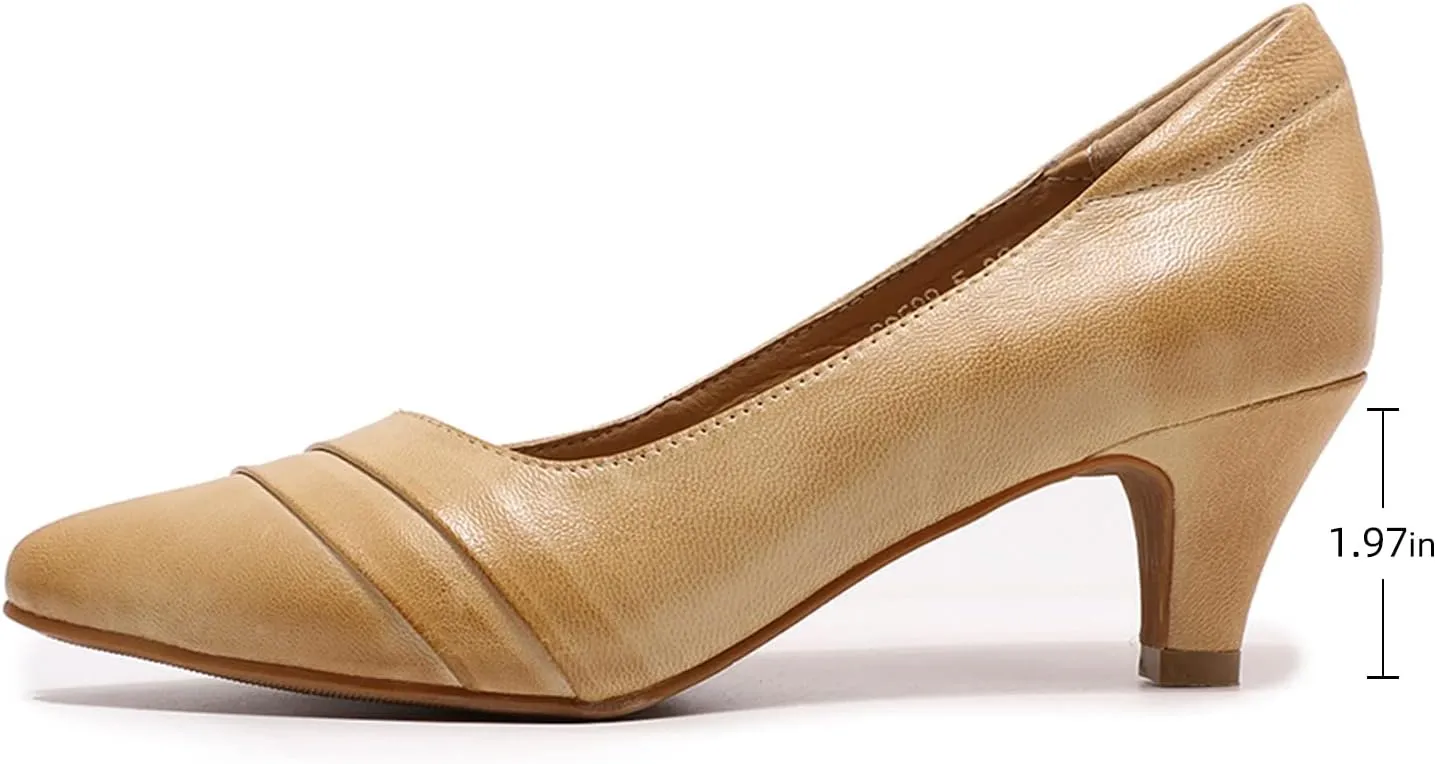 Mona flying Women's Leather Pump Med Heel Pointed Toe Office Dress Shoes for Ladies