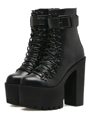 Motorcycle Boots Leather Metal Buckle High Heels Shoes