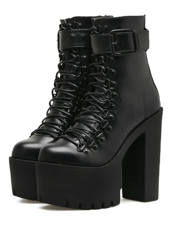 Motorcycle Boots Leather Metal Buckle High Heels Shoes