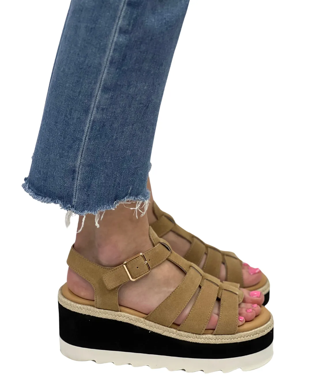 MYKONOS SUEDE FISHERMAN FLATFORM WEDGE in Vachetta