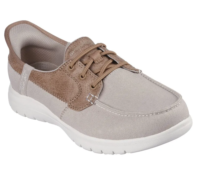 NEW Women's SKECHERS SLIP-INS: ON-THE-GO FLEX - PALMILLA Taupe CANVAS Shoes AUTHENTIC IN BOX