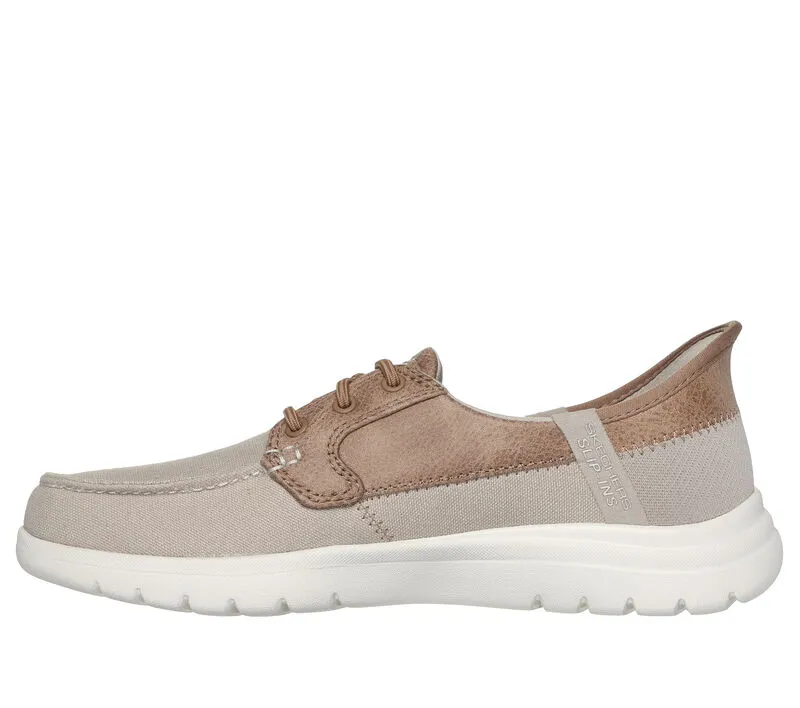 NEW Women's SKECHERS SLIP-INS: ON-THE-GO FLEX - PALMILLA Taupe CANVAS Shoes AUTHENTIC IN BOX