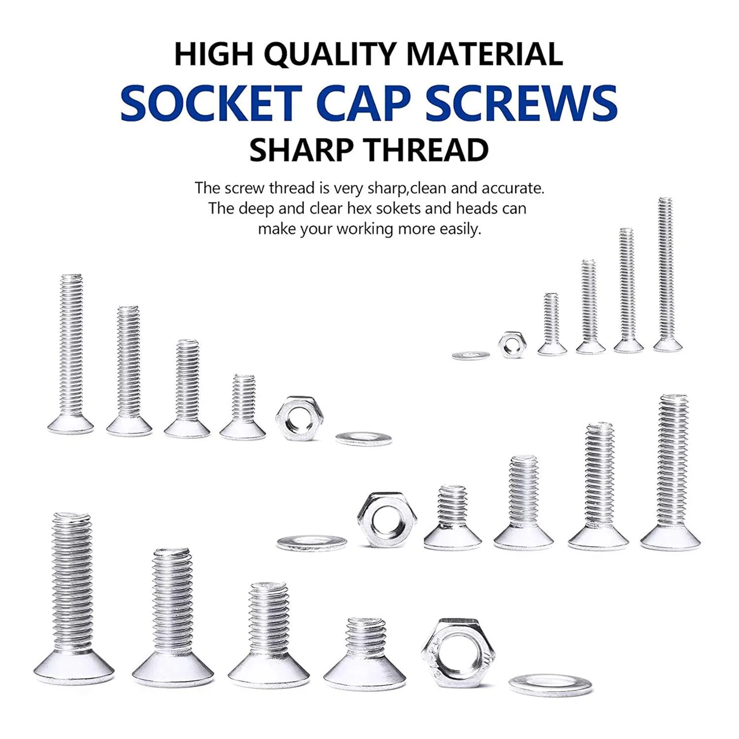 NINDEJIN 880 Pcs M2 M3 M4 M5 Stainless Steel Precise Metric Hex Socket Head Cap Machine Screws, Round Flat Socket Bolts and Nuts Set and Washers Assortment Kit  Wrench (Flat Head Cap)
