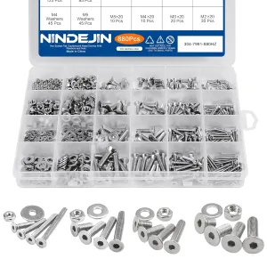 NINDEJIN 880 Pcs M2 M3 M4 M5 Stainless Steel Precise Metric Hex Socket Head Cap Machine Screws, Round Flat Socket Bolts and Nuts Set and Washers Assortment Kit  Wrench (Flat Head Cap)