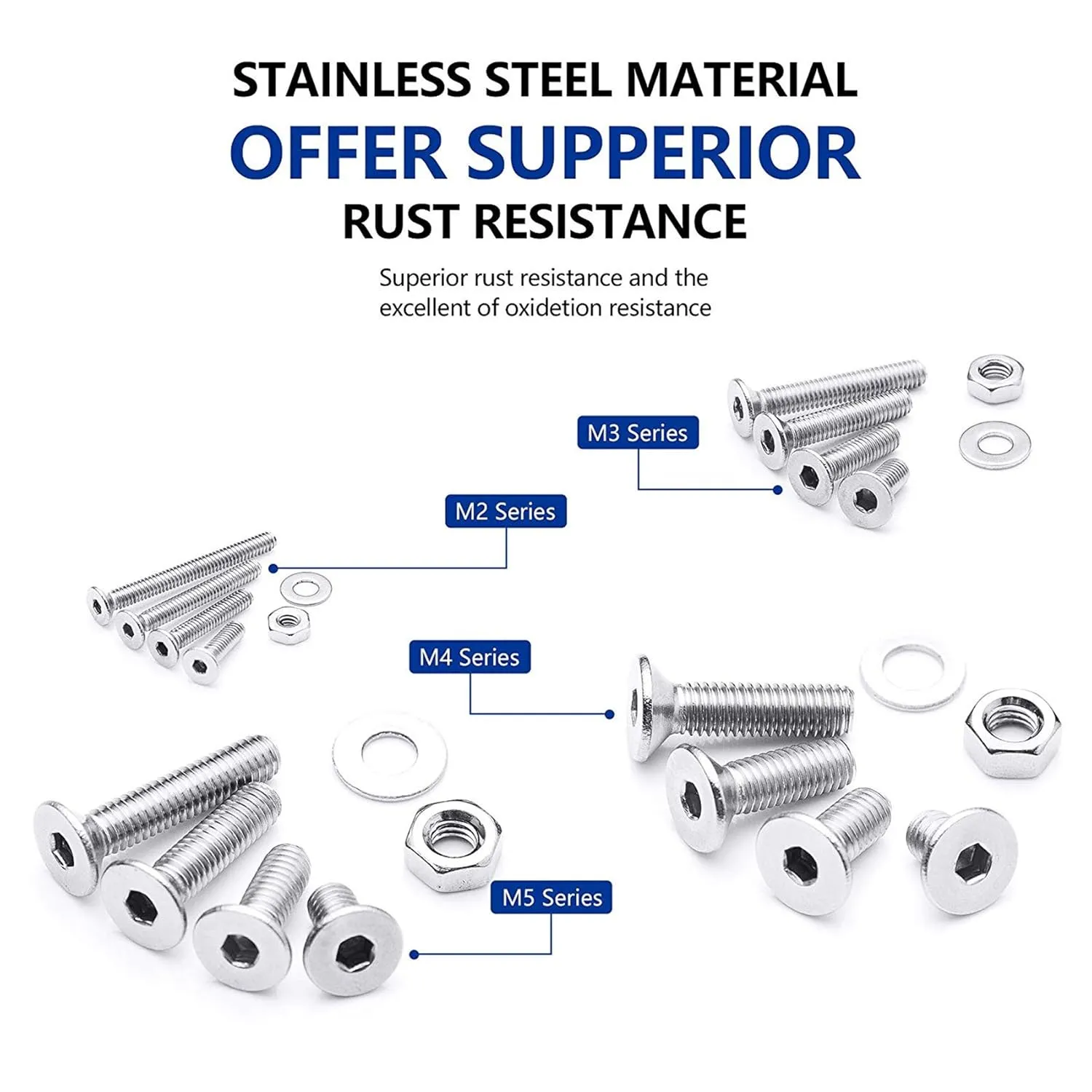 NINDEJIN 880 Pcs M2 M3 M4 M5 Stainless Steel Precise Metric Hex Socket Head Cap Machine Screws, Round Flat Socket Bolts and Nuts Set and Washers Assortment Kit  Wrench (Flat Head Cap)