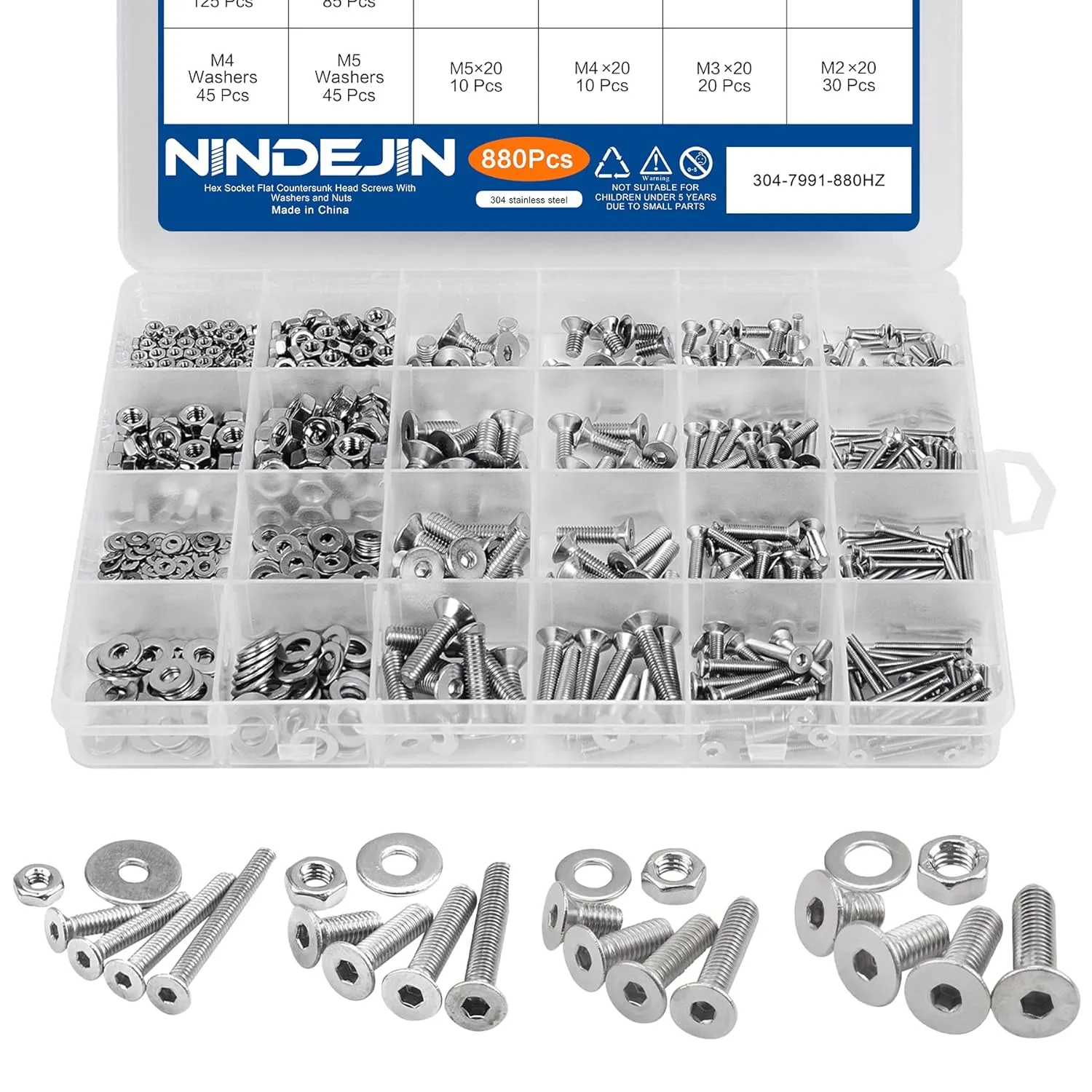 NINDEJIN 880 Pcs M2 M3 M4 M5 Stainless Steel Precise Metric Hex Socket Head Cap Machine Screws, Round Flat Socket Bolts and Nuts Set and Washers Assortment Kit  Wrench (Flat Head Cap)