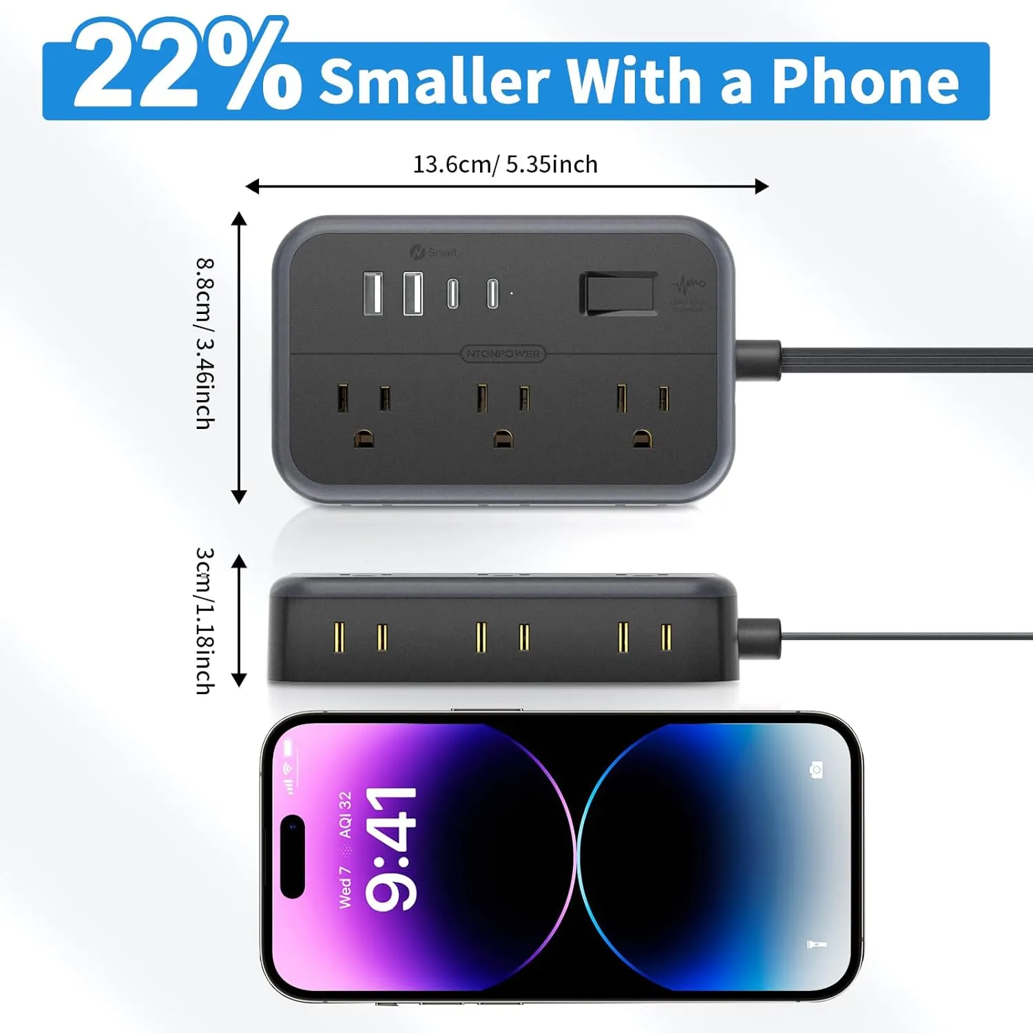 NTONPOWER Surge Protector Power Strip with 6 Outlets 4 USB Charging Station(2 USB C Port), 5 Ft Flat Extension Cord, Outlet Extender for Indoor, Home, Office Supplies, Dorm Room Essentials, Black