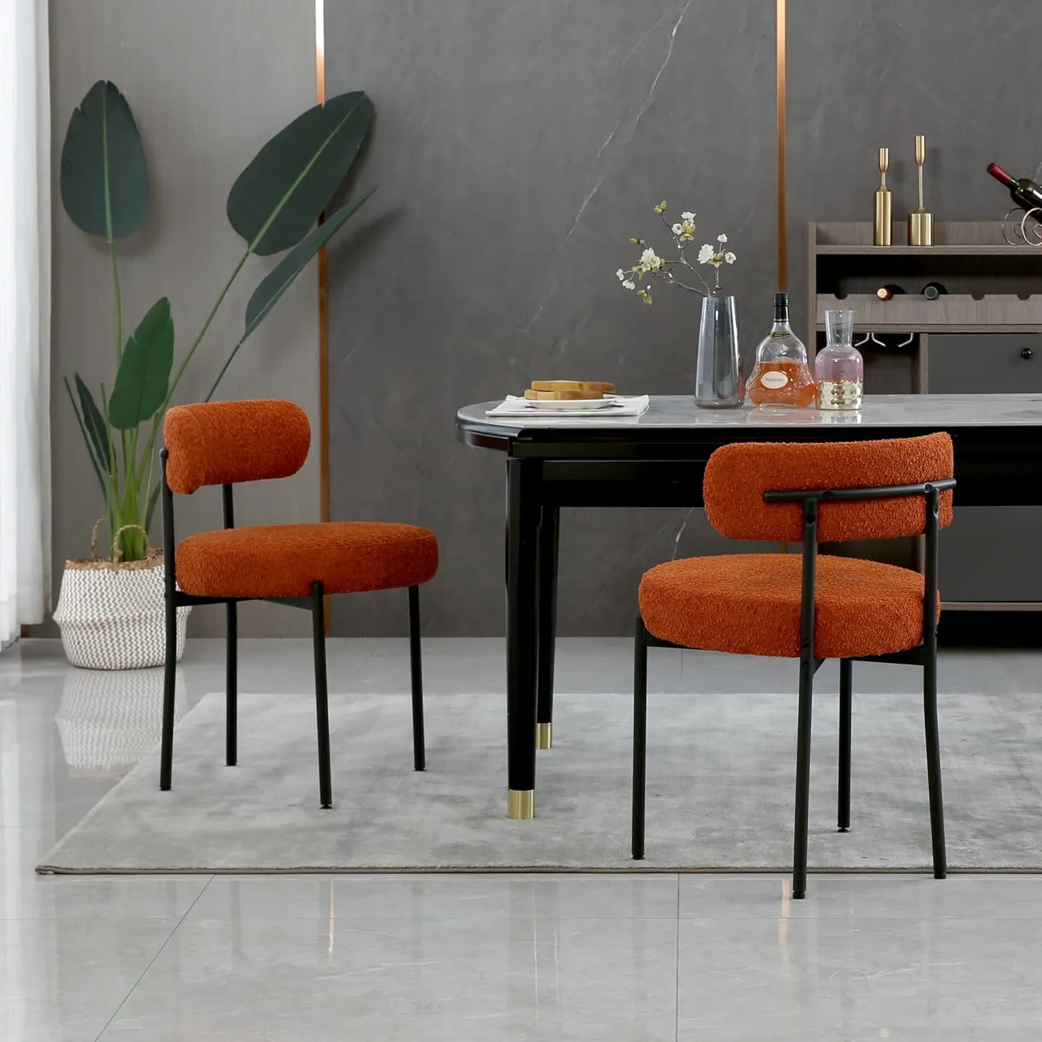 Orange Dining Chairs Set of 2 Round Upholstered Boucle Dining Room Chairs Mid-Century Modern Kitchen Chairs Curved Backrest for Dining Room Black Metal Legs
