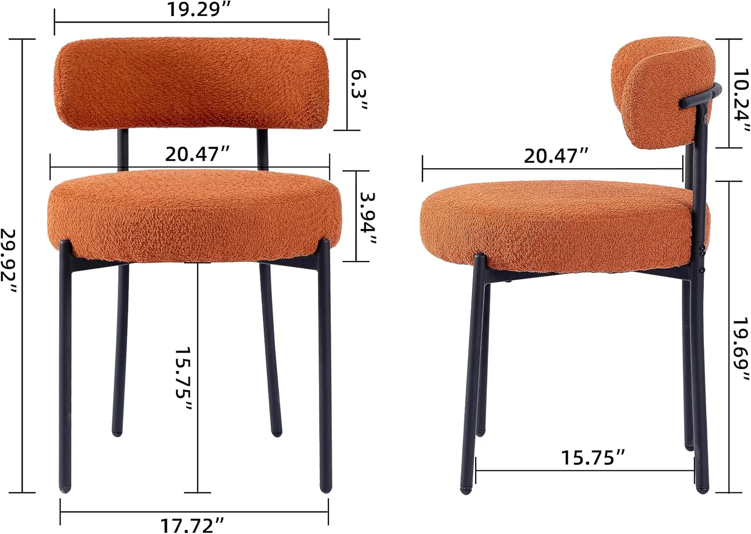 Orange Dining Chairs Set of 2 Round Upholstered Boucle Dining Room Chairs Mid-Century Modern Kitchen Chairs Curved Backrest for Dining Room Black Metal Legs