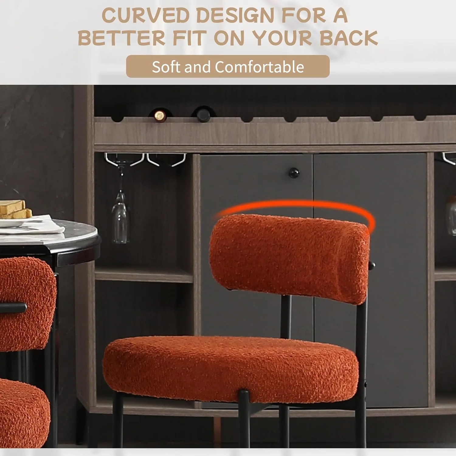 Orange Dining Chairs Set of 2 Round Upholstered Boucle Dining Room Chairs Mid-Century Modern Kitchen Chairs Curved Backrest for Dining Room Black Metal Legs